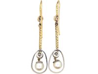 Edwardian 15ct Gold & Platinum Drop Earrings set with Diamonds & Natural Pearls