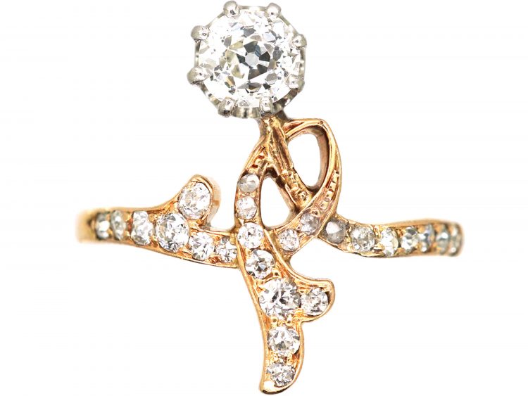 Art Nouveau 18ct Gold Flower Ring set with Diamonds