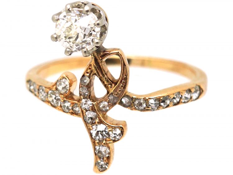 Art Nouveau 18ct Gold Flower Ring set with Diamonds