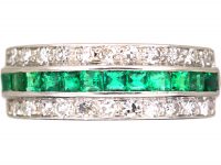 Early 20th Century Platinum, Emerald & Diamond Three Row Ring