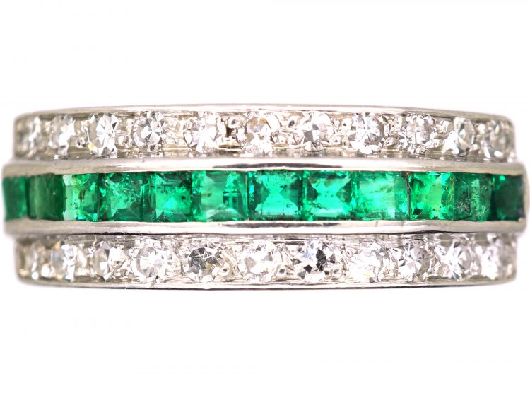 Early 20th Century Platinum, Emerald & Diamond Three Row Ring