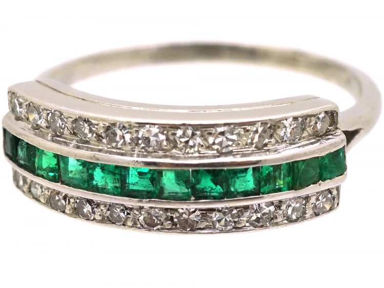 Early 20th Century Platinum, Emerald & Diamond Three Row Ring