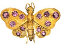 Regency 15ct Gold Butterfly Brooch set with Garnets & Cabochon Emerald Eyes