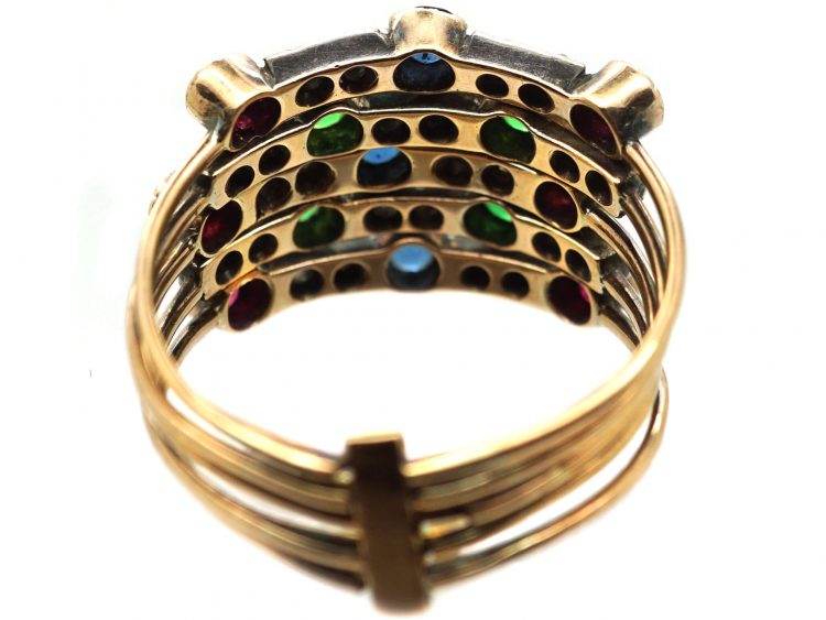 Early 20th Century 14ct Gold Harem Ring set with Sapphires, Rubies, Green Garnets & Rose Diamonds