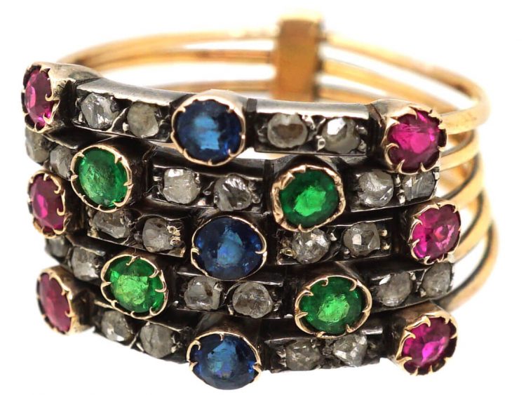 Early 20th Century 14ct Gold Harem Ring set with Sapphires, Rubies, Green Garnets & Rose Diamonds