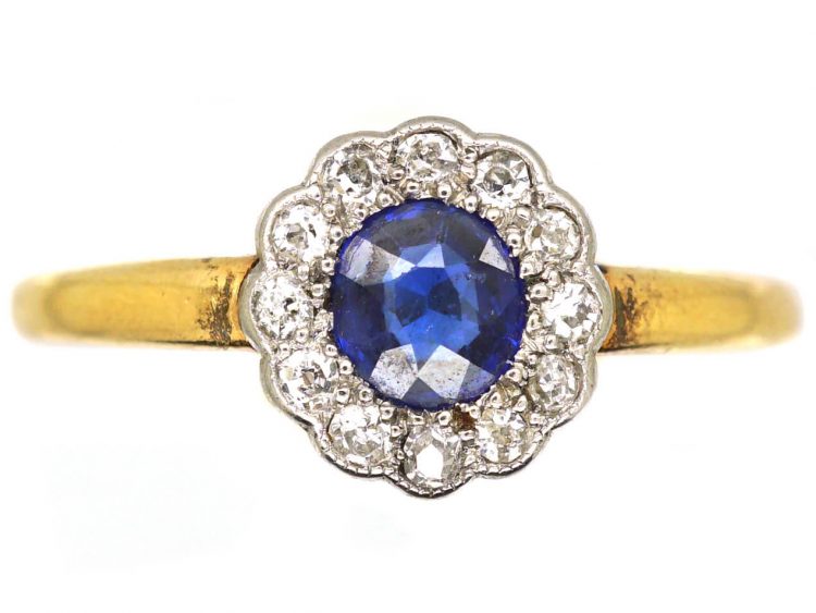 Edwardian 18ct Gold & Platinum, Sapphire & Diamond Cluster Ring