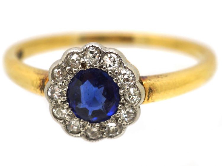 Edwardian 18ct Gold & Platinum, Sapphire & Diamond Cluster Ring