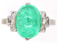 Art Deco 18ct White Gold Ring set with a Cabochon Emerald with Diamond Set Shoulders