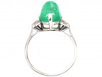 Art Deco 18ct White Gold Ring set with a Cabochon Emerald with Diamond Set Shoulders