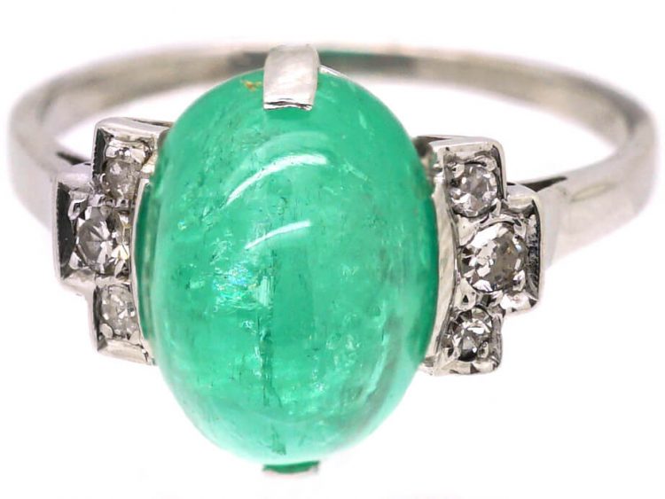 Art Deco 18ct White Gold Ring set with a Cabochon Emerald with Diamond Set Shoulders