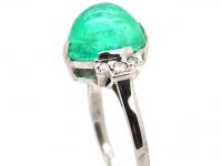 Art Deco 18ct White Gold Ring set with a Cabochon Emerald with Diamond Set Shoulders