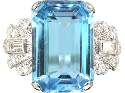 Art Deco Platinum Ring set with a Large Rectangular Cut Aquamarine with Diamond set Shoulders