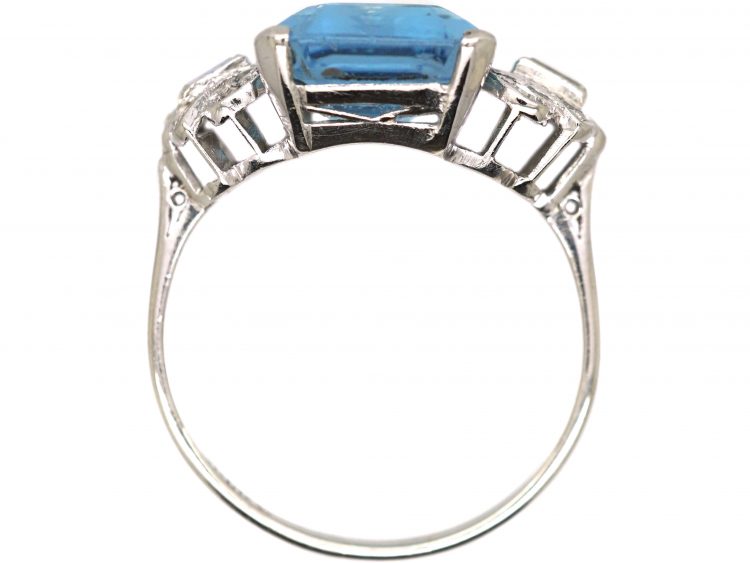 Art Deco Platinum Ring set with a Large Rectangular Cut Aquamarine with Diamond set Shoulders