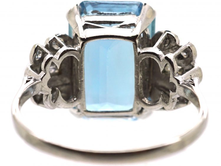 Art Deco Platinum Ring set with a Large Rectangular Cut Aquamarine with Diamond set Shoulders