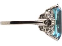 Art Deco Platinum Ring set with a Large Rectangular Cut Aquamarine with Diamond set Shoulders