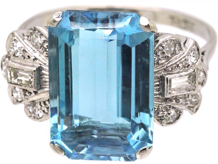 Art Deco Platinum Ring set with a Large Rectangular Cut Aquamarine with Diamond set Shoulders