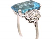 Art Deco Platinum Ring set with a Large Rectangular Cut Aquamarine with Diamond set Shoulders