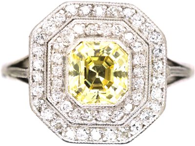 Art Deco Platinum, Fancy Yellow Diamond Octagonal Cluster Ring