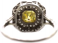 Art Deco Platinum, Fancy Yellow Diamond Octagonal Cluster Ring