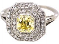 Art Deco Platinum, Fancy Yellow Diamond Octagonal Cluster Ring