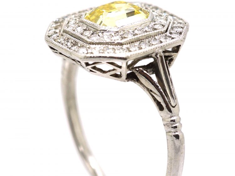 Art Deco Platinum, Fancy Yellow Diamond Octagonal Cluster Ring