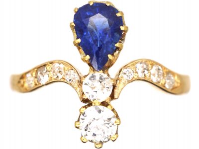 Art Nouveau 18ct Gold Tiara Ring set with a Pear Shaped Sapphire & Diamonds