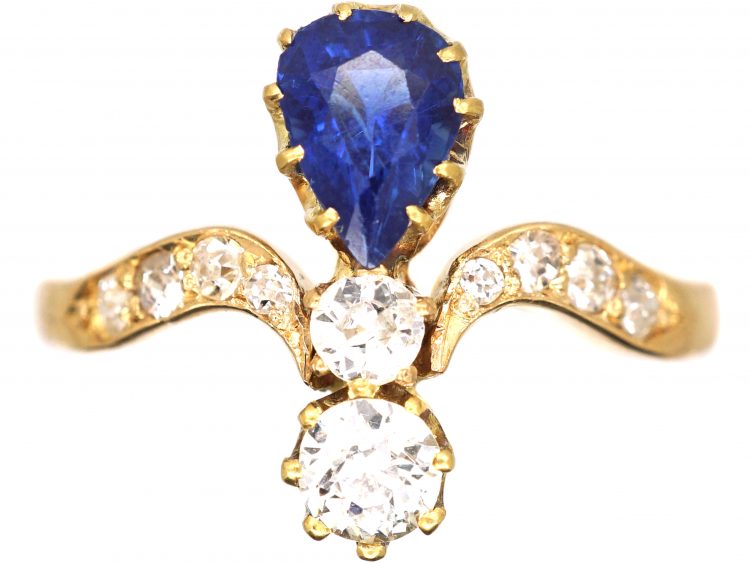 Art Nouveau 18ct Gold Tiara Ring set with a Pear Shaped Sapphire & Diamonds