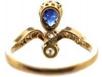 Art Nouveau 18ct Gold Tiara Ring set with a Pear Shaped Sapphire & Diamonds