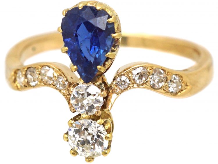 Art Nouveau 18ct Gold Tiara Ring set with a Pear Shaped Sapphire & Diamonds