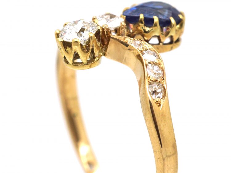 Art Nouveau 18ct Gold Tiara Ring set with a Pear Shaped Sapphire & Diamonds