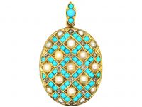 Victorian 18ct Gold Pendant set with Turquoise, Natural Split Pearls & Diamonds with Locket on the Reverse