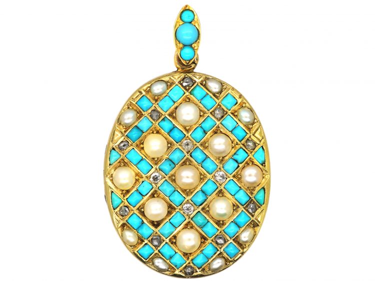 Victorian 18ct Gold Pendant set with Turquoise, Natural Split Pearls & Diamonds with Locket on the Reverse