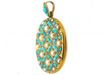 Victorian 18ct Gold Pendant set with Turquoise, Natural Split Pearls & Diamonds with Locket on the Reverse