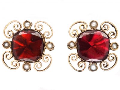 Edwardian 9ct Gold, Flat Cut Garnet & Natural Split Pearl Earrings