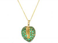 9ct Gold 1950's Leaf Pendant set with Emeralds on 9ct Gold Chain