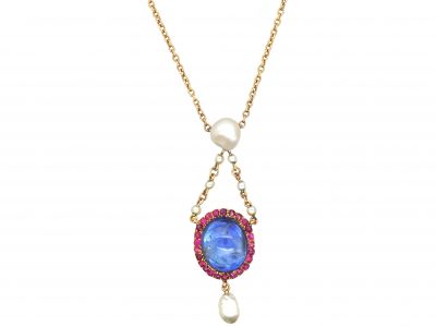 Edwardian 15ct Gold Cabochon Sapphire, Ruby & Natural Pearl Pendant on 15ct Gold Chain