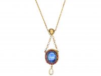 Edwardian 15ct Gold Cabochon Sapphire, Ruby & Natural Pearl Pendant on 15ct Gold Chain