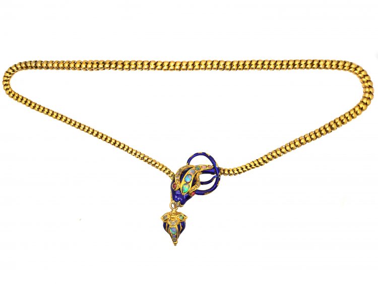 Victorian 18ct Gold & Blue Enamel Snake Necklace set with Opals