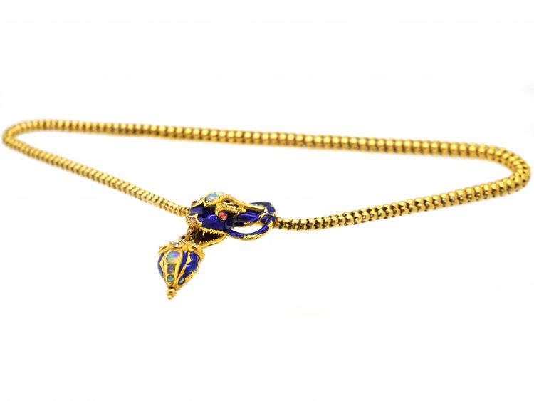 Victorian 18ct Gold & Blue Enamel Snake Necklace set with Opals