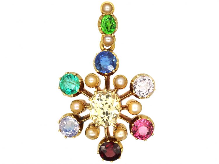 Victorian 18ct Gold Harlequin Pendant set with Sapphires, Emerald, Pearls, Green Garnet & Garnet