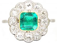 Early 20th Century Platinum & 18ct Gold, Emerald & Diamond Cluster Ring