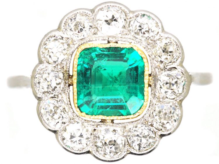 Early 20th Century Platinum & 18ct Gold, Emerald & Diamond Cluster Ring