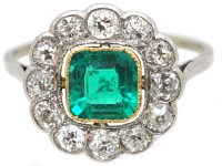 Early 20th Century Platinum & 18ct Gold, Emerald & Diamond Cluster Ring