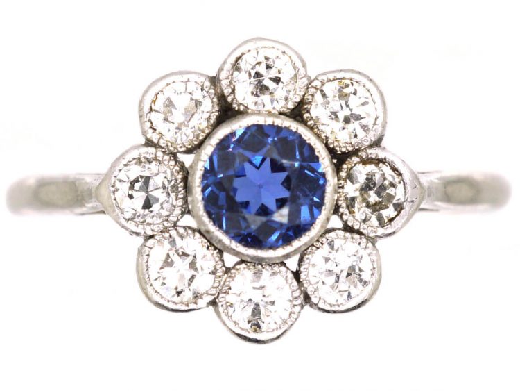 Edwardian Platinum, Sapphire & Diamond Cluster Ring