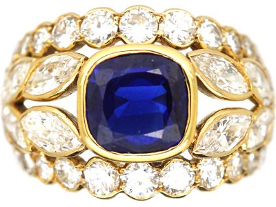 1970’s 18ct Gold Wide Dress Ring set with a Sapphire & Marquise & Round Diamonds