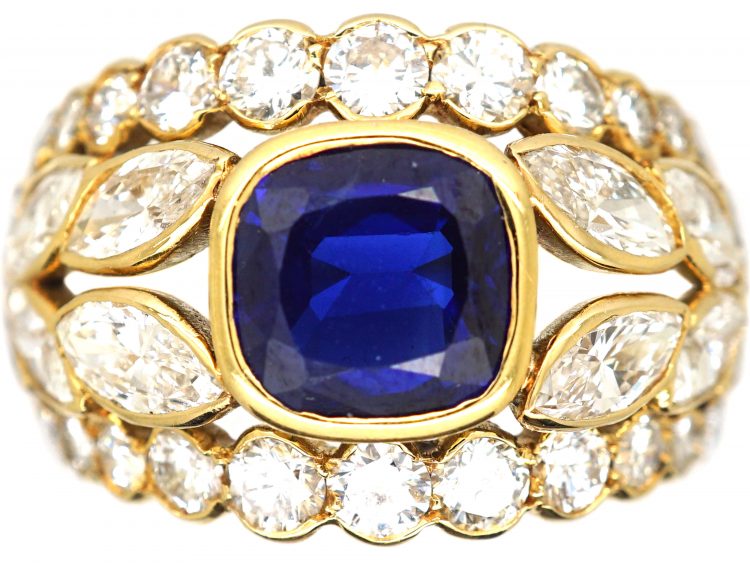 1970's 18ct Gold Wide Dress Ring set with a Sapphire & Marquise & Round Diamonds