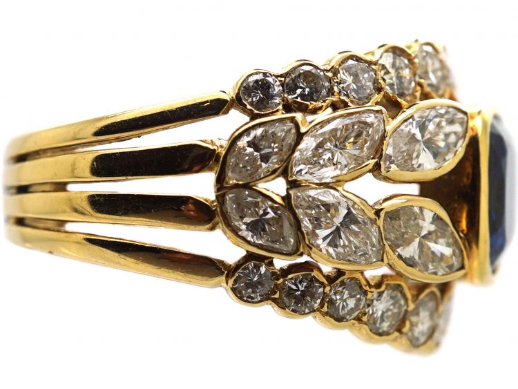 1970's 18ct Gold Wide Dress Ring set with a Sapphire & Marquise & Round Diamonds