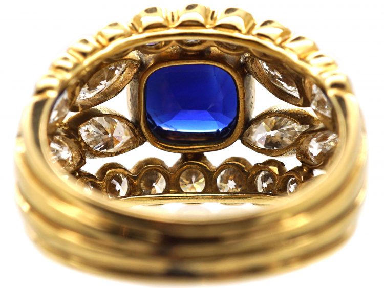 1970's 18ct Gold Wide Dress Ring set with a Sapphire & Marquise & Round Diamonds