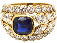 1970's 18ct Gold Wide Dress Ring set with a Sapphire & Marquise & Round Diamonds