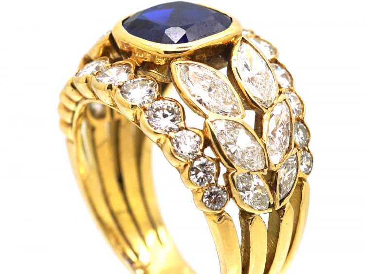 1970's 18ct Gold Wide Dress Ring set with a Sapphire & Marquise & Round Diamonds